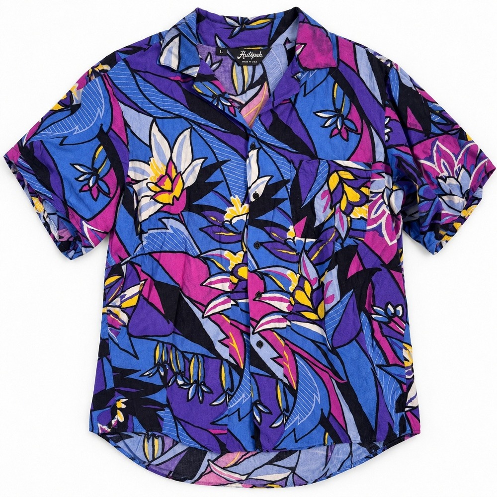 Vtg 90s Hutspah Tropical Floral Shirt Blue Purple Large Dopamine XL Maximalist